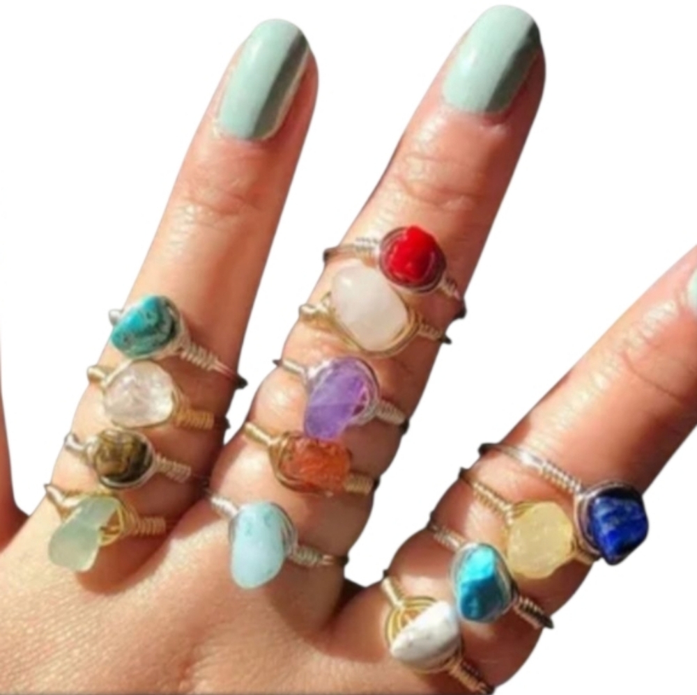 NEW handmade artisan gemstone wire wrap ring clear quartz or green adventurine